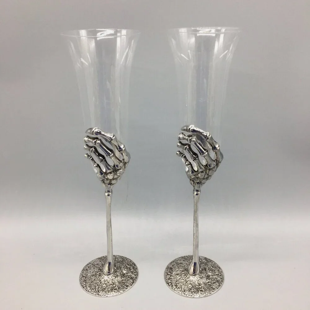 x2 Halloween Skeleton Hand Champagne Flute Glass Set Silver Metal Stem Elegant